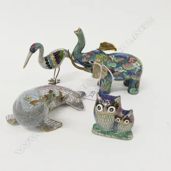 4 CLOISONNE ANIMALS; HERON, SEAL, ELEPHANT & OWLS