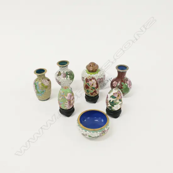 8 SMALL CLOISONNE PCES; 3 EGGS ON STANDS, 4 VASES & BOWL