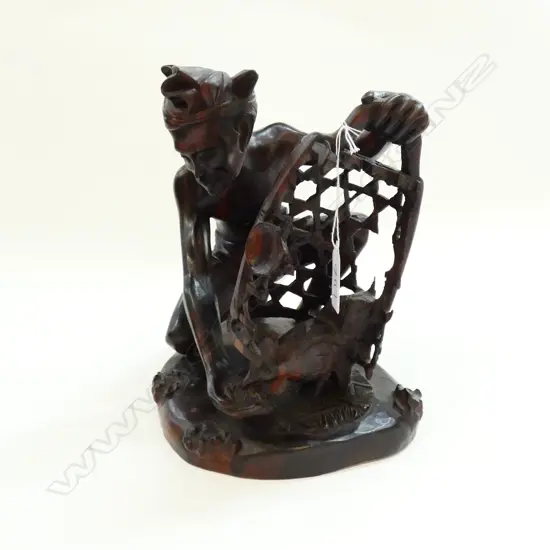 ORIENTAL CARVED ROSEWOOD FIGURE ROOSTER FEEDING