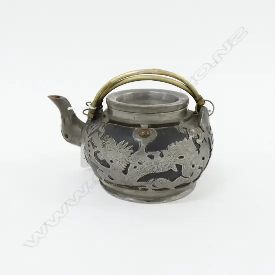 CHINESE YIXING BLACKWARE TEAPOT w PARTIAL PEWTER OVERLAY OF DRAGONS