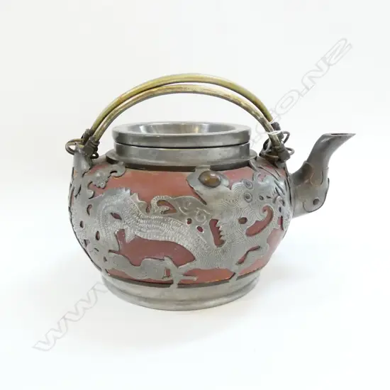 CHINESE YIXING REDWARE TEAPOT w PARTIAL PEWTER OVERLAY OF DRAGONS