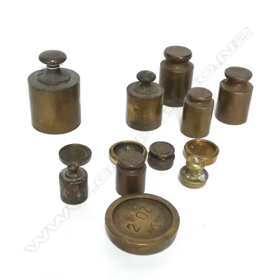 13 VINTAGE BRASS SCALE WEIGHTS 