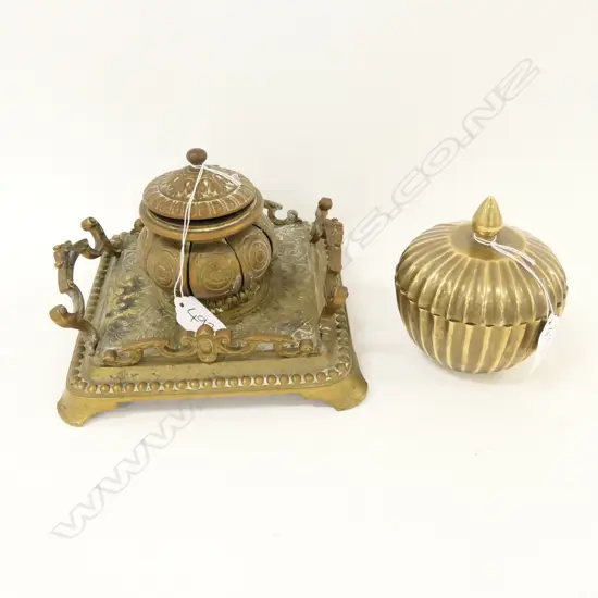 OLD BRASS INKWELL & HEAVY LIDDED POT