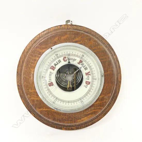 OAK FRAMED CIRCULAR ANEROID BAROMETER