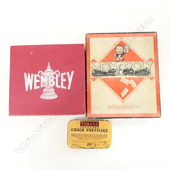 2 BOXED GAMES "WEMBLEY" & MONOPOLY + VINTAGE TIN