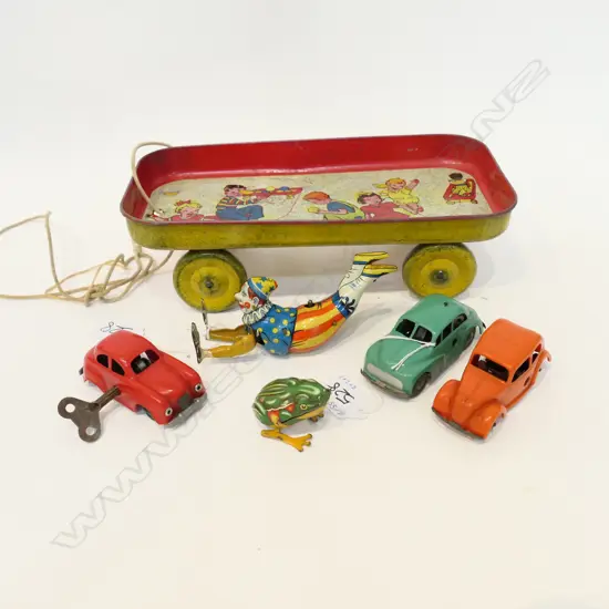 ASSORTED TOYS INCL 3 MINIC CARS, 2 WIND UP TIN PLATE AND WAGON ON CORD