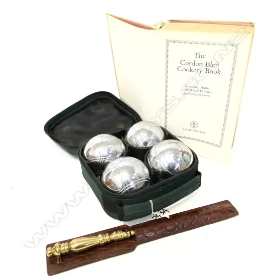 PETANQUE SET, COOK BOOK & BRASS LETTER OPENER