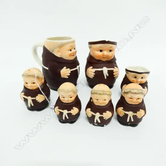 3 HUMMELL MONK JUGS & 4 CONDIMENTS