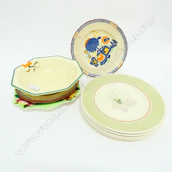 8 PLATES (SUSIE COOPER, MASONS) + CLARICE CLIFF BIZARRE 'RAVEL' DISH