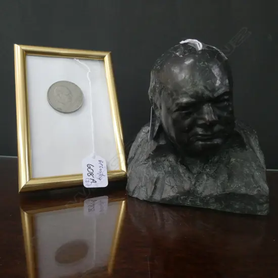FRAMED CHURCHILL CROWN + A 85% BRONZE RESIN BUST OF CHURCHILL BY OSCAR NEMON + CERTIFICATE