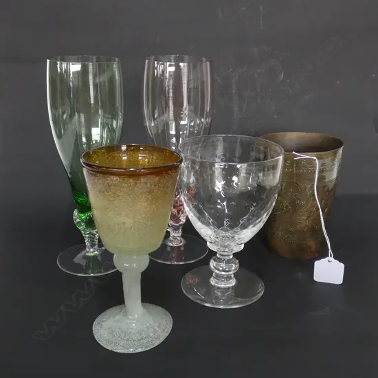 ASSORTED WINE GLASSES AND A BRASS BEAKER
