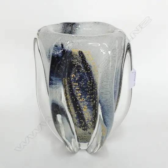 RETRO ART GLASS VASE CLEAR RIBS WHITE BLACK BLUE...