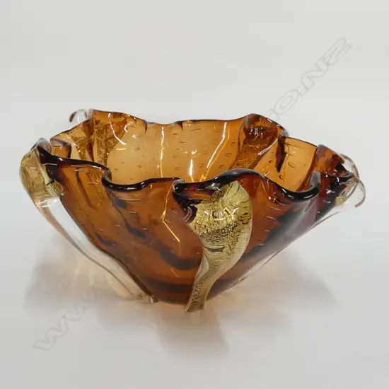 RETRO ART GLASS FRILLED BOWL AMBER & CLEAR...