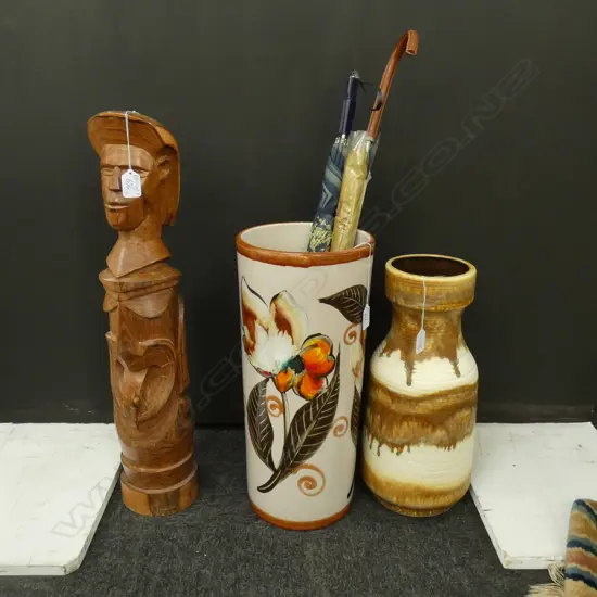 ITALIAN UMBRELLA STAND, RETRO AUSTRIAN VASE, CARVED WOODEN FIGURE H. 620MM