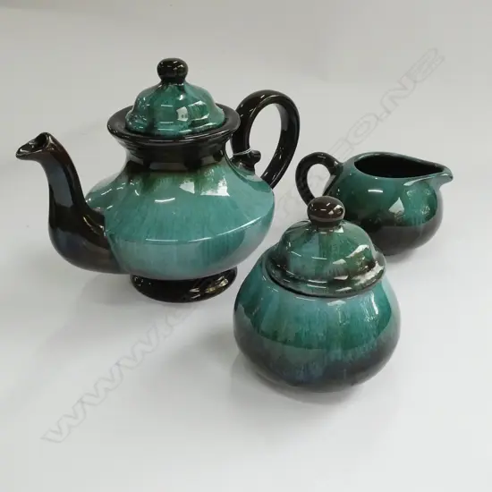 3 PCES BLUE MOUNTAIN POTTERY; TEAPOT, MILK, SUGAR