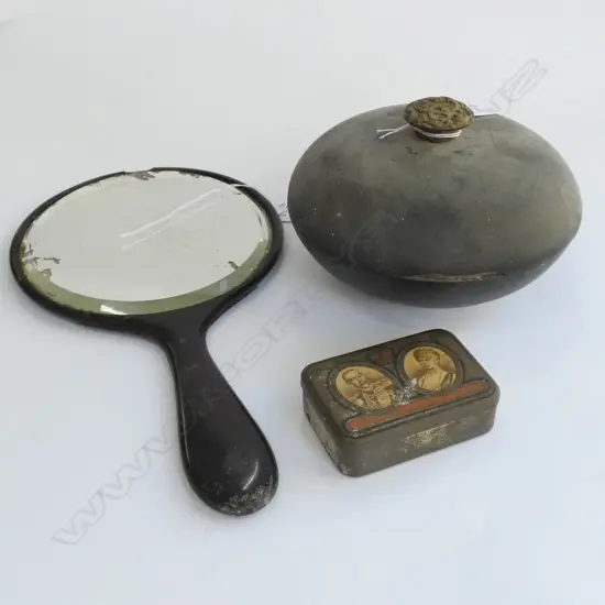 HAND MIRROR/TIN + LIDDED BOWL
