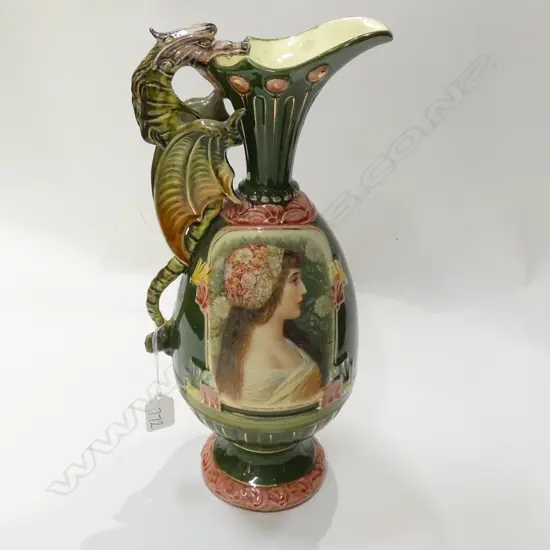VIENNESE SECCESSIONIST CERAMIC EWER WITH PORTRAIT PANEL & DRAGON HANDLE. H.370mm