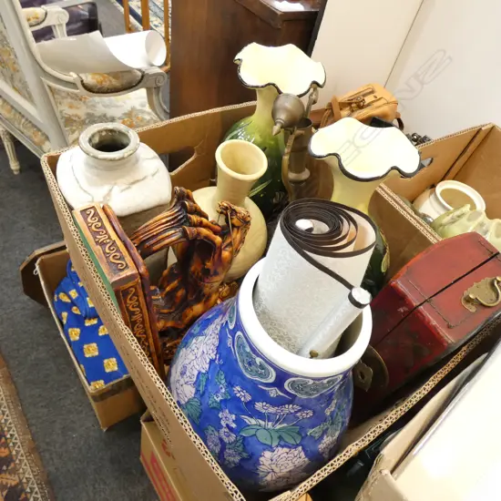 BOX LOT ASST CERAMIC VASES, RESIN CHARIOT, RED BOX & SCROLL 