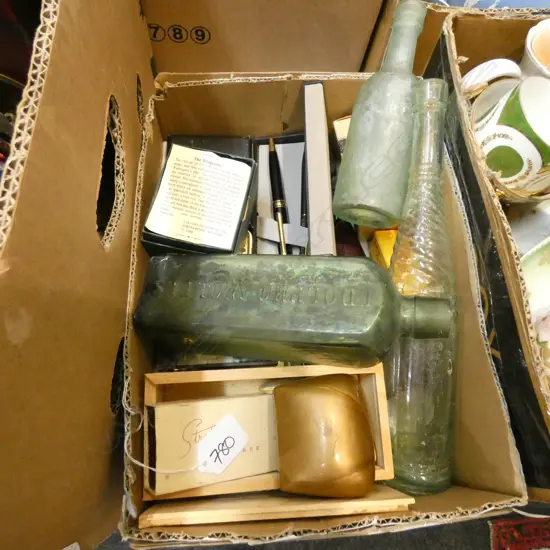 BOX OF COLLECTABLES; CUFFLINKS PENS CARDS VESTA ETC