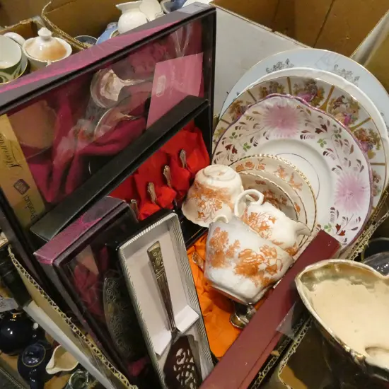 BOX LOT BOXED RODD CUTLERY, PLATES, CHINA ETC