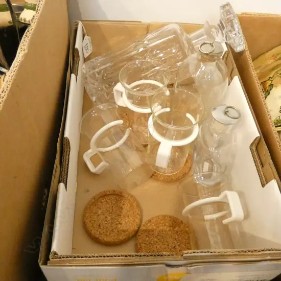 BOX LOT ASST. DECANTER, TWO BOTTLES AND 4 BODUM CUPS & COASTERS 