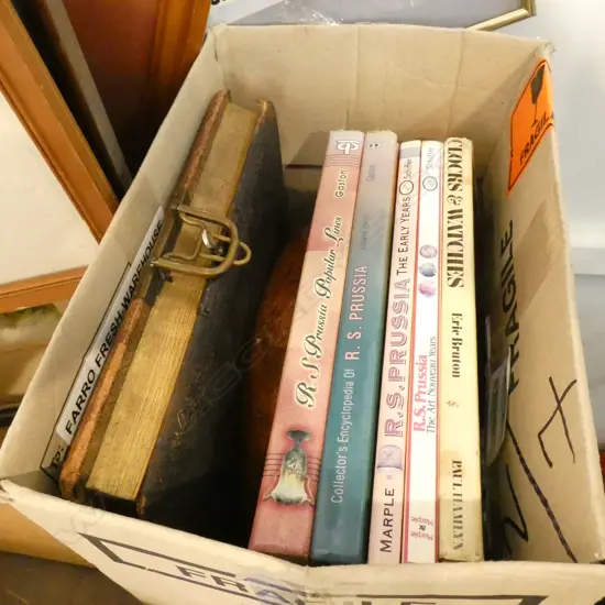 BOX LOT VICTORIAN MUSIC BOX, BOOKS ETC