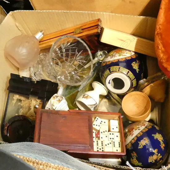 BOX LOT ORIENTAL ITEMS, ART GLASS, PERFUME BOTTLES ETC