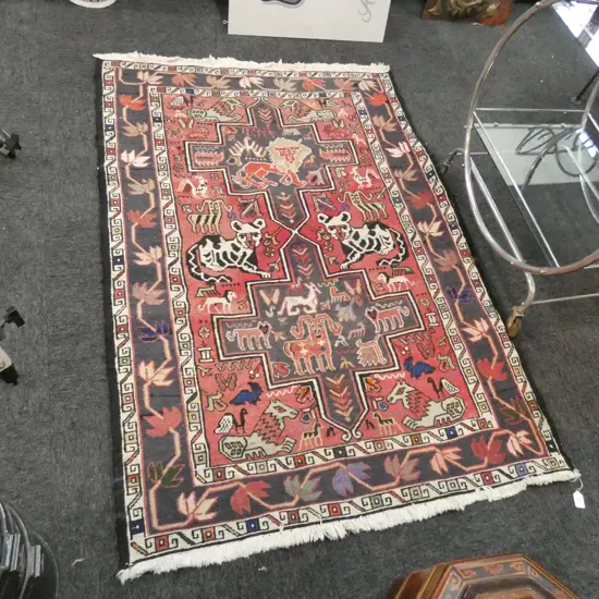 ALL WOOL SUMAC EXTRA WEFT WOVEN ANIMAL PICTORIAL RUG 1460 X 1020