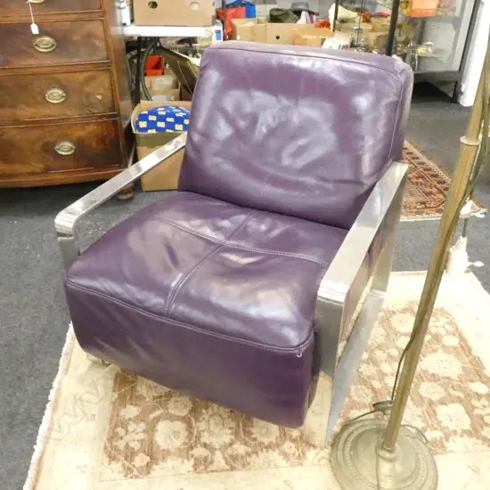 MILO BAUGHAM STYLE BAR STEEL FRAMED LOUNGE CHAIR PURPLE LEATHER