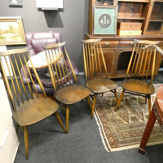 4 ERCOL FLAT BACK DINING CHAIRS H. 965MM