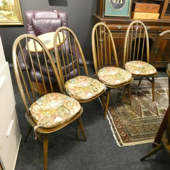 4 ERCOL ROUND BACK DINING CHAIRS H. 965MM WITH CUSHIONS