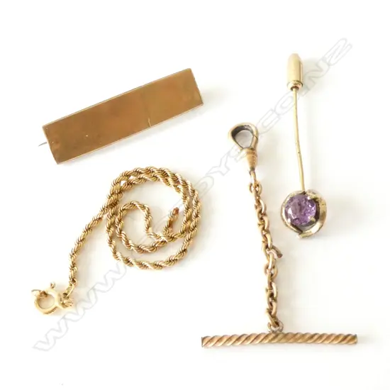 9CT GOLD BAR BROOCH, 9CT CHAIN AF WEIGHT 3 GRAMS + GP PIN & GP T BAR