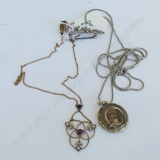 PINCHBECK MOURNING LOCKET, NOUVEAU PENDANT & SILVER BOW BROOCH w PASTE DIAMONDS