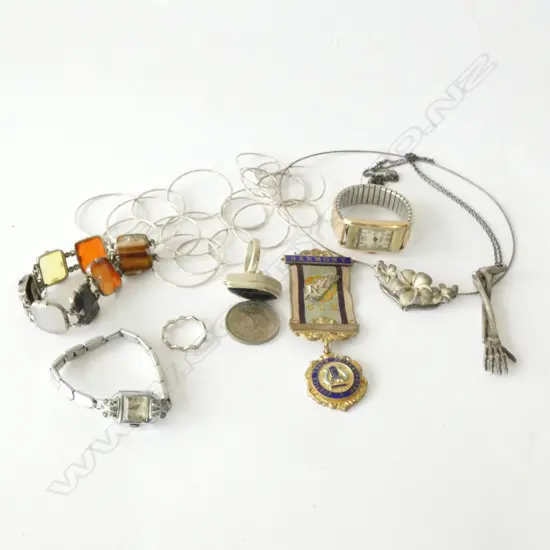 2 WATCHES, 3 STG 925 NECKLACES, BRACELET, BADGE, 2 925 RINGS, FLORIN