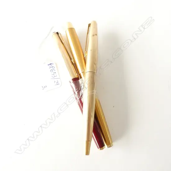 3 GOLD PLATED PARKER PENS; 2 FOUNTAIN 1 BALL POINT