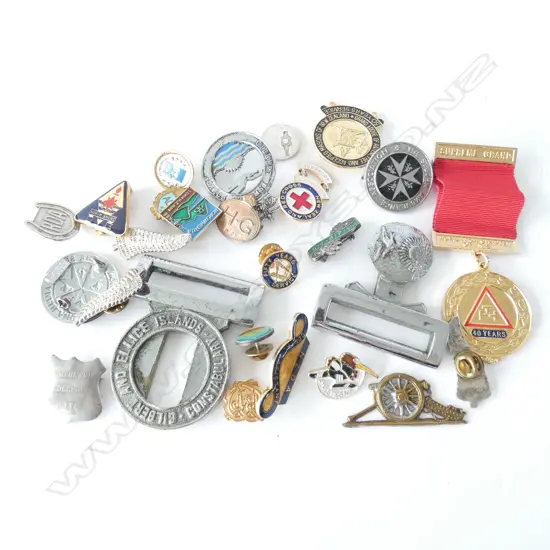BAG OF ASST. NZ BADGES + GILBERT & ELLICE ISLAND POLICE BADGE