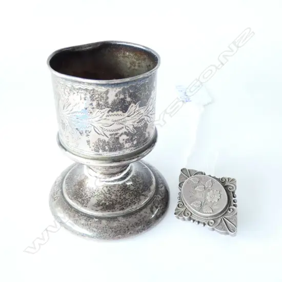 STG SILVER BROOCH + WEIGHTED SILVER VESSEL