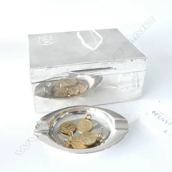 LINED STG SILVER CIGARETTE BOX LONDON 1936 + SMALL STG ASHTRAY 