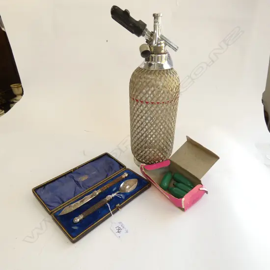 MESH COVERED SODA SYPHON + EDW KNIFE & SPOON...