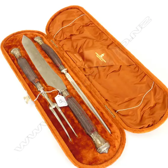 JAMES DEAKIN C1900 CARVING SET 3PCE HORN * STEEL. CASED