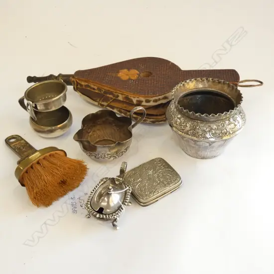 5 OLD S/PLATE PCES + BELLOWS + SHAKESPEARE BRUSH