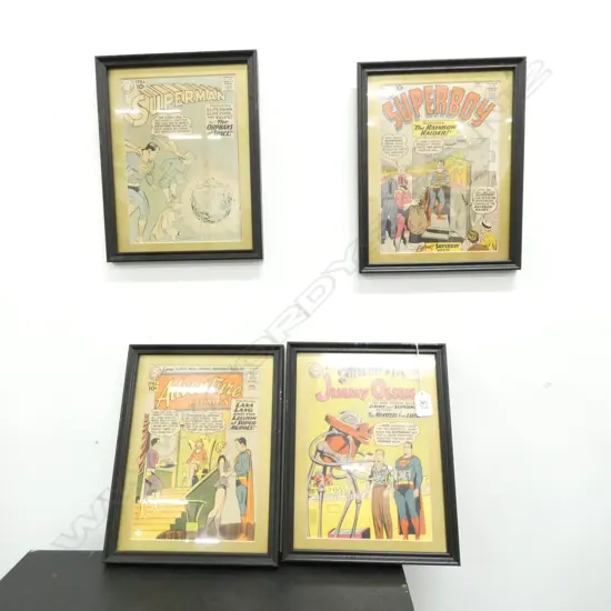 4 FRAMED VINTAGE SUPERMAN + other  COMICS 300 X 235MM