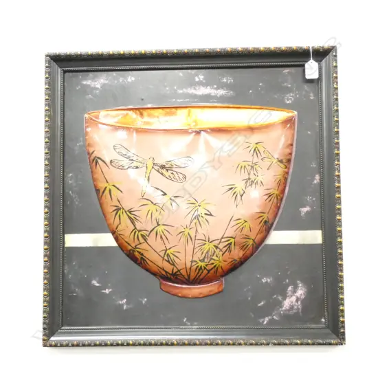 FRAMED ARTWORK ANODISED VESSEL WITH DRAGON FLIES 580 X 580mm