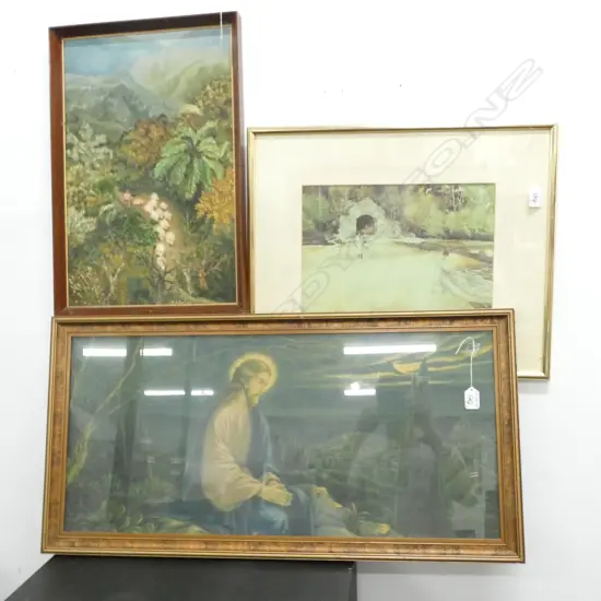 3 ARTWORKS: JESUS PRINT. GUTRY SHEEP PAINTING...