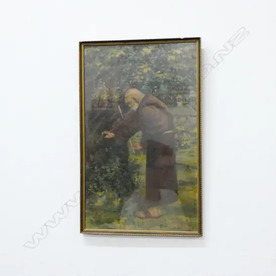 19THC OIL OF A MONK PLAYING VIOLIN IN A GARDEN 500 X 300mm
