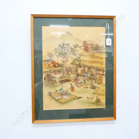 CHINESE HAND COLOURED ARTWORK VILLAGE COURTYARD 385 X 290mm