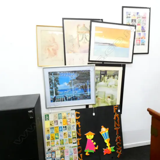 COLLECTION OF 9 VINTAGE ARTWORKS INCL. FRENCH ARCHITECTURAL PRINT, CIGARETTE CARDS, MICHAELANGELO ETC 