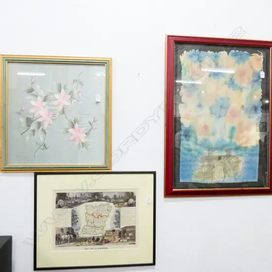 2 FRAMED SILKS+FRENCH MAP H 870 MM