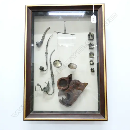 FRAMED COLLECTION ORIENTAL OPIUM WEIGHTS, PIPES, SCALE 535 X 380MM