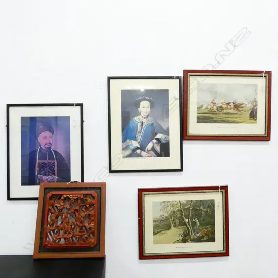 4 PRINTS (2 PORTRAITS, 2 SPORT SCENES) & CARVED CHINESE RED LACQUER PANEL 310 X 340MM